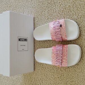 Moschino Women's Pink Glitter Pool Slides Sandals Sz 39 - 8.5 US